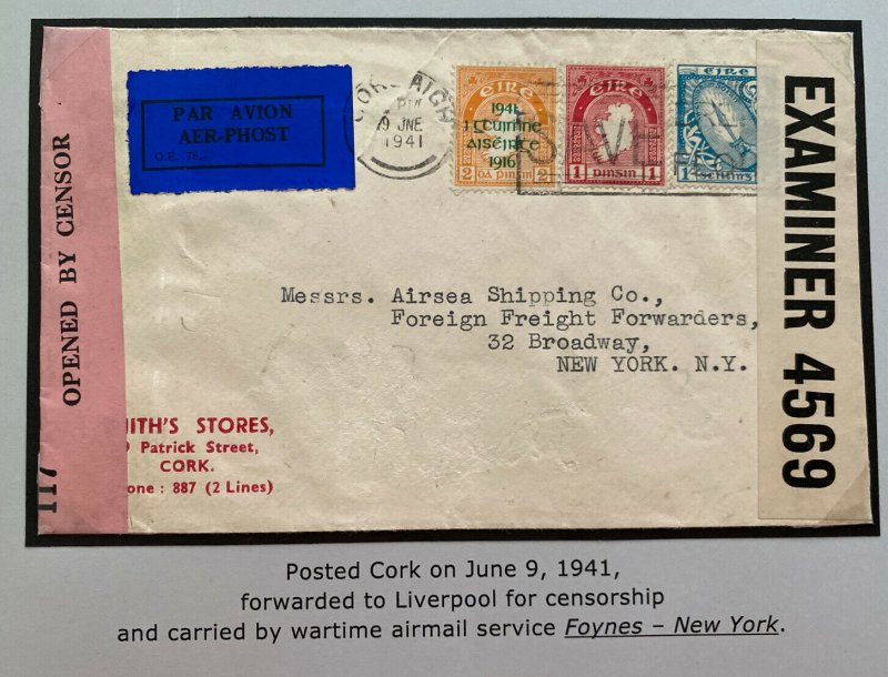 1941 Cork Ireland Dual Censored Airmail Commercial Cover To New York Usa