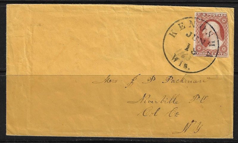 US 1863 CIVIL WAR PERIOD COVER NEAT KENOSHA WISCONSIN TYING Sc 10