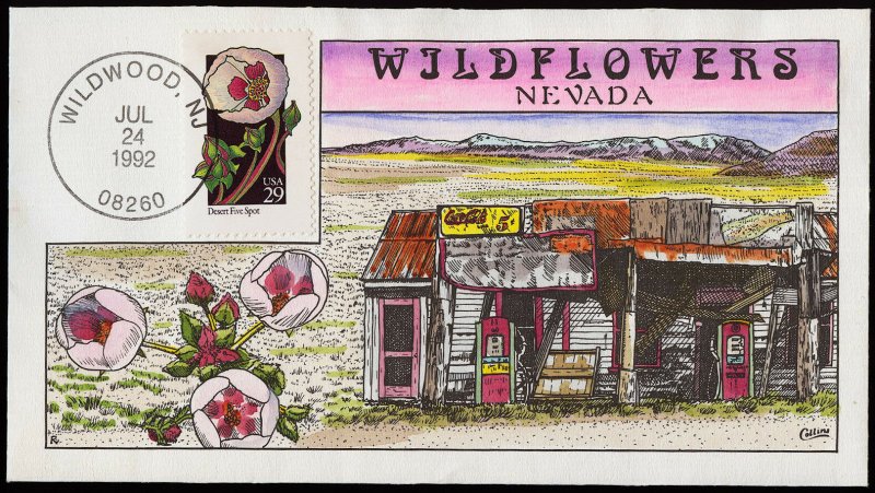 Collins Handpainted FDC Wildflowers: Nevada Desert Five Spot, Garage (7/24/1992)