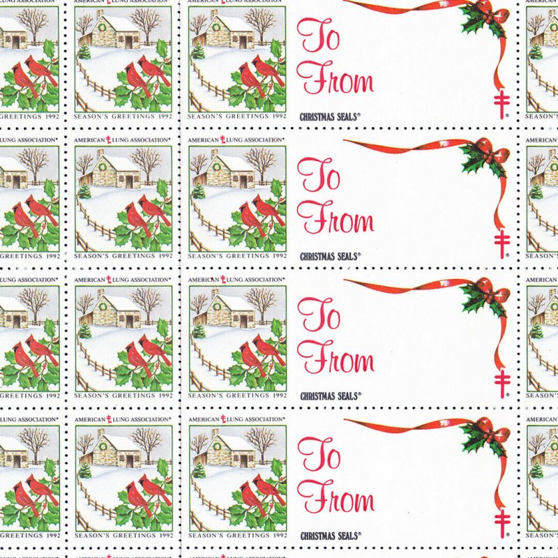1992 USA CHRISTMAS SEAL (SCENE) ⭐ SHEET OF 42 + LABELS ⭐ MNH-OG