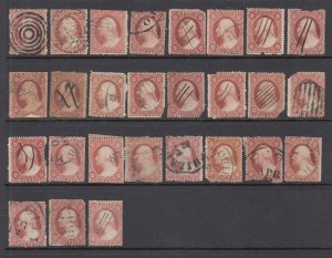 US #26 3c Washington group (Used) 24 stamps with mixed cancels and shades but...