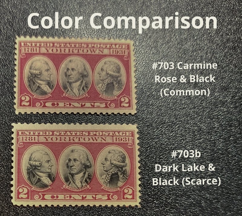 Scott Stamp# 703b & 703 -1931 2¢ Yorktown Scarce Dark Lake, OG, MNH. SCV $750