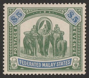 FEDERATED MALAY STATES 1904 Elephants $5 green & blue, wmk mult crown