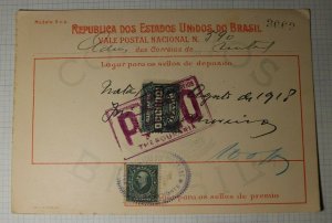 Brazil POstal Receipt Card Deposit 1918 Money Order SC# 193 Revenue Fee 100,000