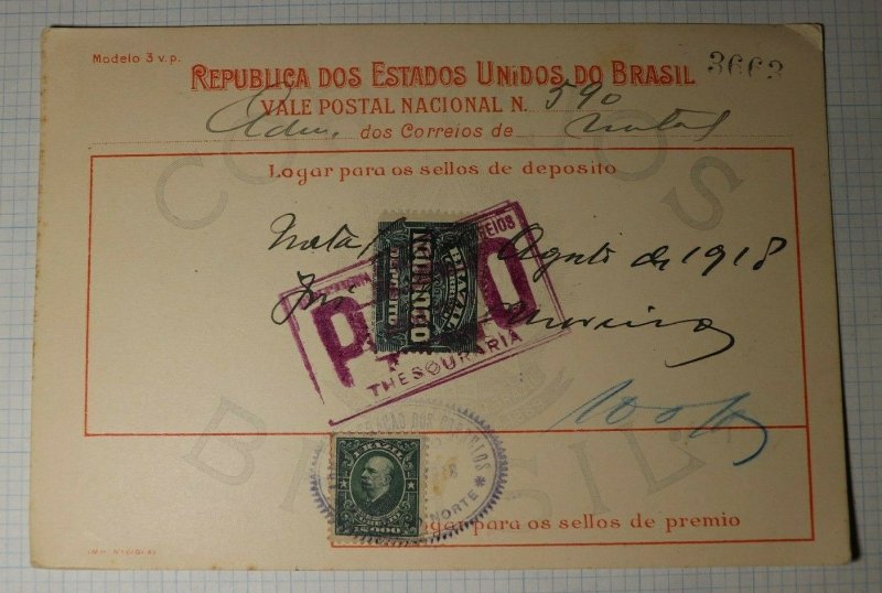 Brazil POstal Receipt Card Deposit 1918 Money Order SC# 193 Revenue Fee 100,000