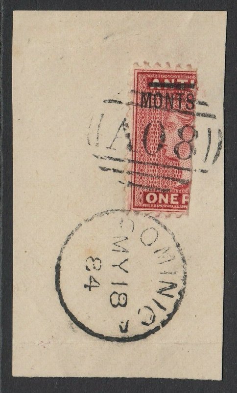 SG 6b Montserrat 1883. 1d red perf 12. Bisected, used on small piece ‘A08’...