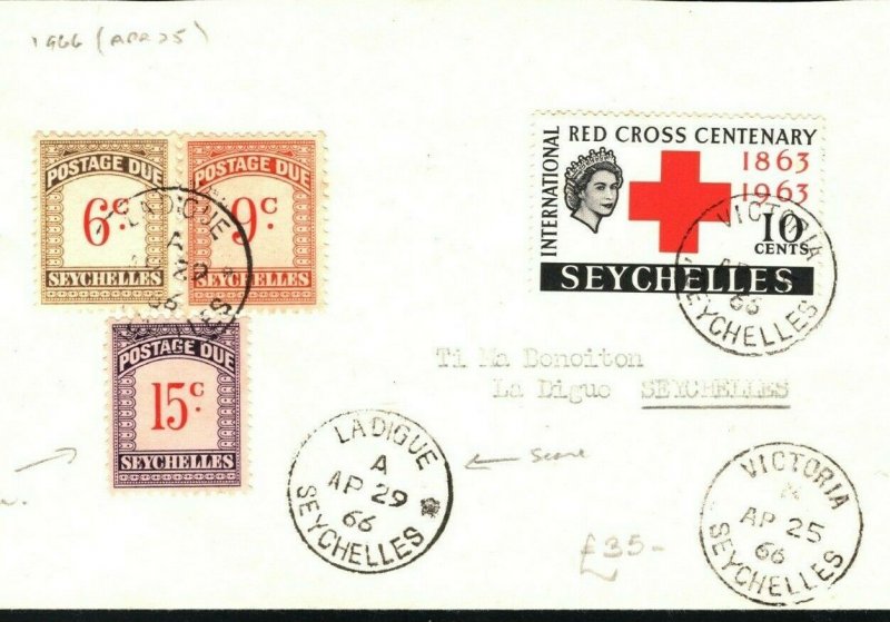 SEYCHELLES QEII Cover Underpaid Postage Dues 6c - 15c *Ladigue* CDS 1966 PB329