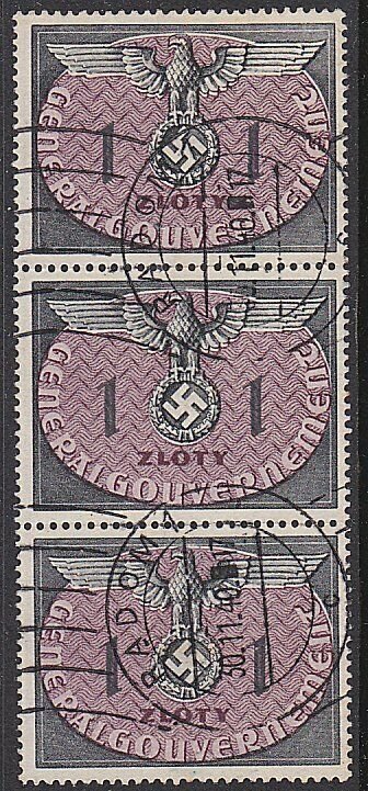 POLAND GENERAL GOVERNMENT 1940 1z fine used strip of 3......................P726