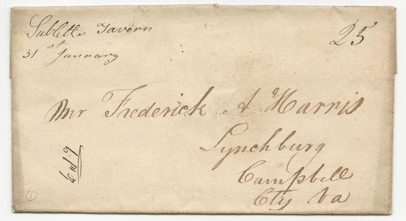 VA US STAMPLESS COVER Subletts Tavern Powhatan Co. DPO #3 1840's DBL Rate 25c