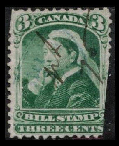 CANADA 1868 QUEEN VICTORIA 3c GREEN #FB40 THIRD BILL STAMP ISSUE, FAULT SEE SCAN