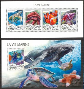 Djibouti 2018 Marine Life Fishes Octopus Turtles Crabs sheet + S/S MNH