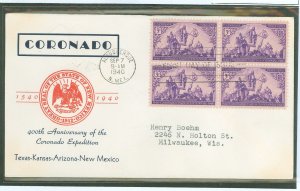 US 898 1940 3c 400th anniv of the Coronado Expedition bl of 4 on an addressed (typed) FDC with a Paper Craft cachet