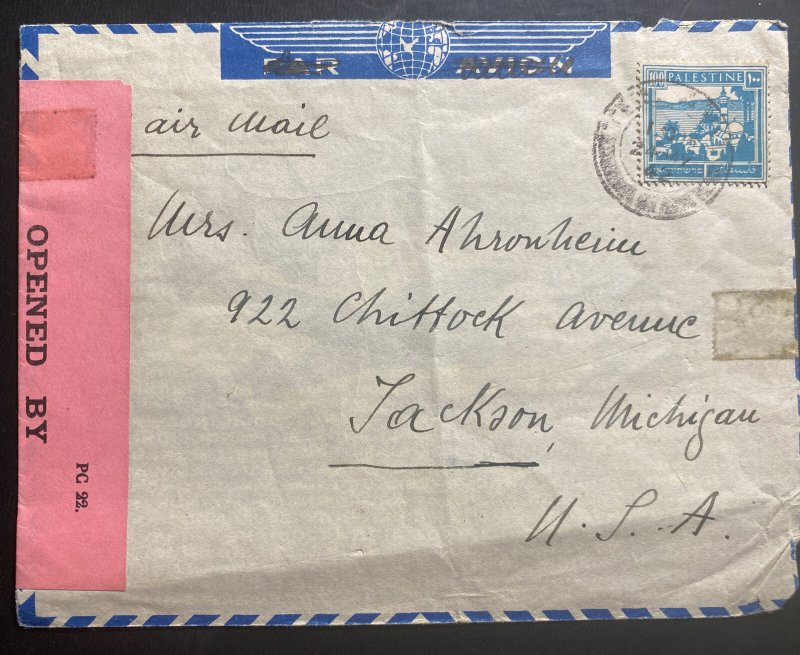 1942 Tel Aviv Palestine Airmail Censored Cover To Jackson MI USA 