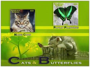 BENIN SHEET IMPERF CATS BUTTERFLIES INSECTS