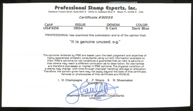 U.S. #326 MINT WITH PSE CERT OG NH