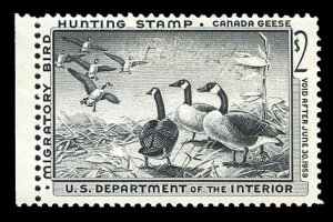 United States, Duck Hunting #RW25 Cat$85, 1958 $2 Canada Geese, left margin s...