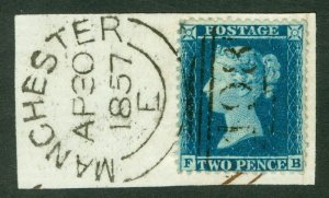 SG 35 2d blue plate 6 lettered FB. Very fine used on small piece, cancelled...