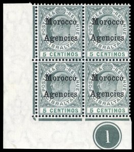 Morocco Agencies 1905 KEVII 5c grey-green & green Plate 1 block MNH. SG 24.