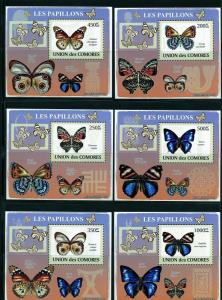 COMORES 2008 SET OF SIX BUTTERFLIES DELUXE SOUVENIR SHEETS MINT NH 