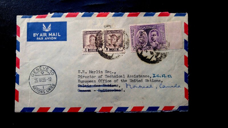 RARE IRAQ 1955 COVER TO UNITED NATIONS, SWITZERLAND FORWARDED TO MONTREAL, CANAD