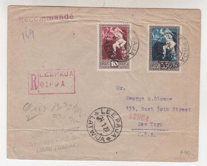 LATVIA, 1920 Registered cover, 10k. & 35k., Leepaja to New York via London