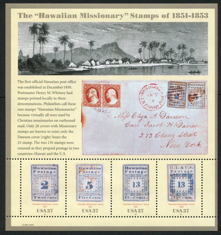 USA #3694 MNH  Hawaiian Missionary Stamps   SS of 4 (FV $1.48)