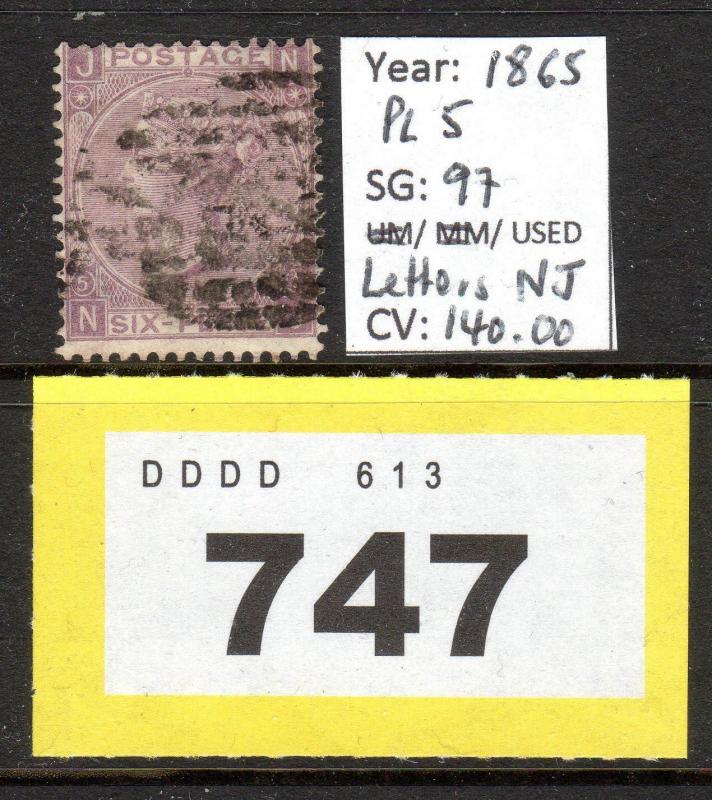 LOT #Y747 - SG97 - 6d Lilac - Plate 5 - Letters NJ - 1865 - CV £140