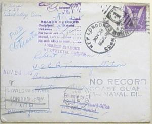 1943 WORLD WAR II COAST GUARD MULTI-POSTMARK COVER.