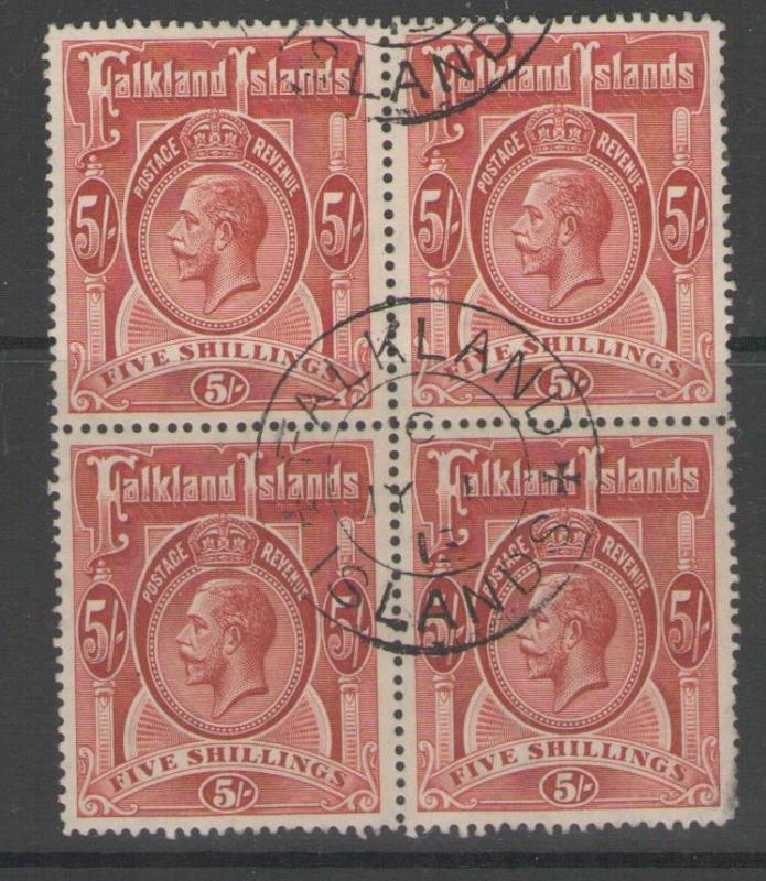 FALKLAND ISLANDS SG67 1912 5/= DEEP ROSE-RED FINE USED BLOCK OF 4 SMALL THIN