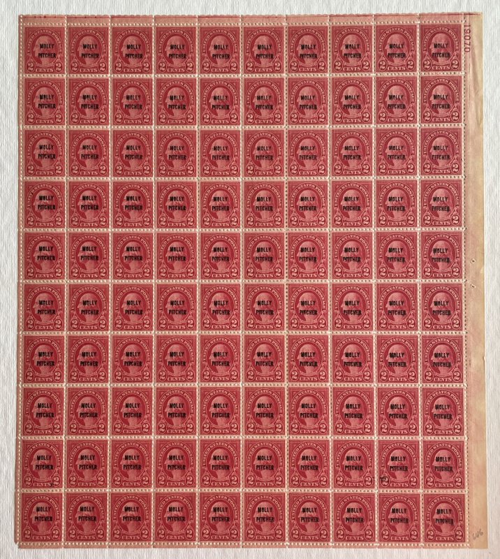 646 BATTLE OF MONMOUTH Molly Pitcher Overlay Sheet of 100 US 2¢ Stamps MNH 1928