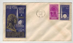 1939 STAEHLE COMBO FDC 854 GEORGE WASHINGTON CACHET & 853 New York Worlds Fair