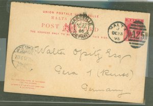 Malta  1895 1c + 1c carmine on buff, message on outward half, arrival cncel at left.