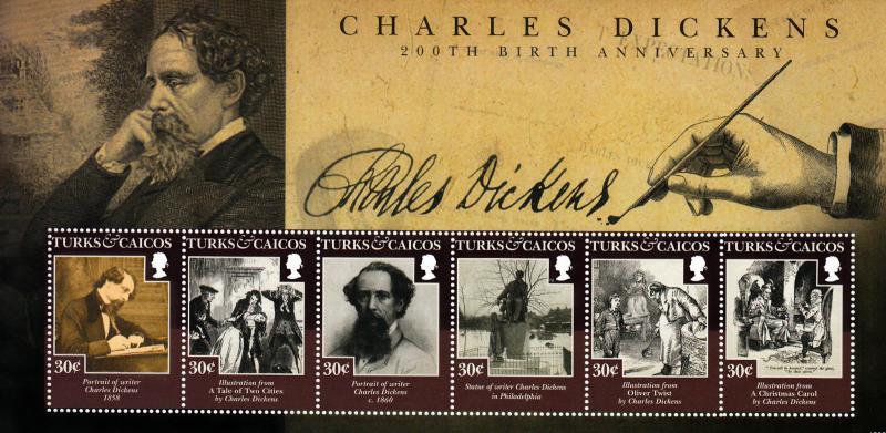 Turks & Caicos 2012 MNH Charles Dickens 200th Birth 6v M/S Writers People Stamps