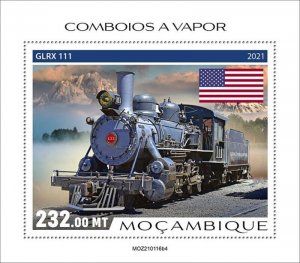 Mozambique - 2021 Steam Trains and Flags - Stamp Souvenir Sheet - MOZ210116b4