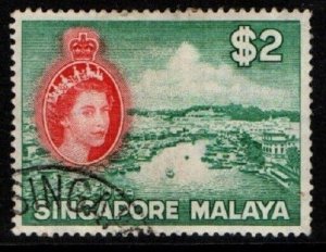 SINGAPORE SG51 1953 $2 BLUE-GREEN AND SCARLET USED