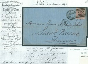 GB SCOTLAND SG.141 Cover Fancy LEITH *COAL* Shipping Letterhead 1876 France 91.6 
