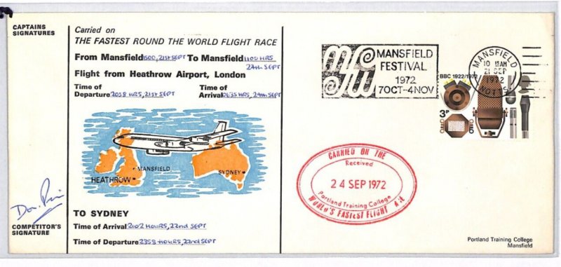 GB Notts Air Mail Cover FASTEST ROUND WORLD FLIGHT RACE *Signed* 1972 Pilot MJ39