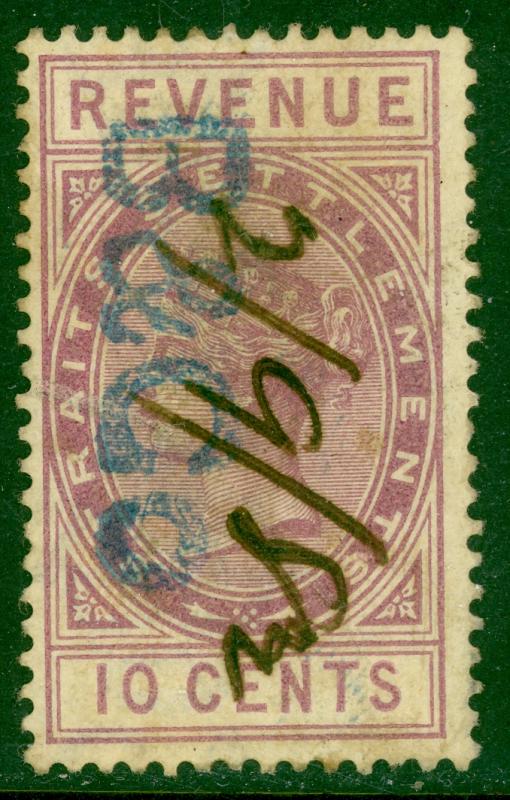 STRAITS SETTLEMENTS 1882 10c Purple QV Revenue Bft 20 VFU B&Co. Handstamp