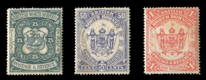 North Borneo #44-46 Cat$235, 1888 Redrawn, 25c-$1, three values, hinge remnant