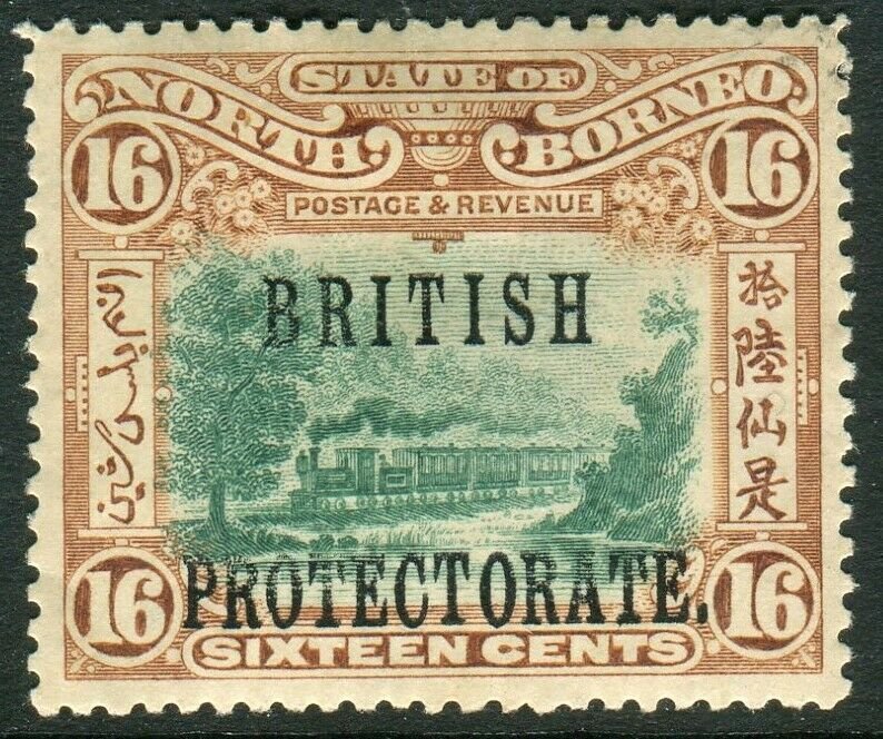 NORTH BORNEO-1901-5 16c Green & Chestnut Perf 14½x15 OVPT.  Mounted mint Sg 136a