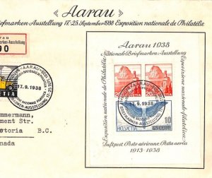 SWITZERLAND 1938 FDC *AARAU* Miniature Sheet STAMP EXHIBITION Registered YG99