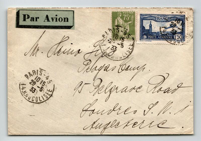 France 1933 Airmail Cover to UK / Rond Point Hotel - Z13770