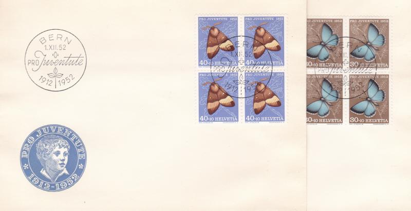 Switzerland 1952 Pro-Juventute Complete Blocks of Four First Day Covers  Pristin