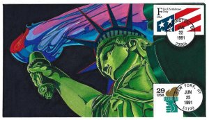 US 1991 RUSS BENNINGHAND PAINTED CACHET LIBERTY W/ TORCH WASHINGTON & NY CANCELS