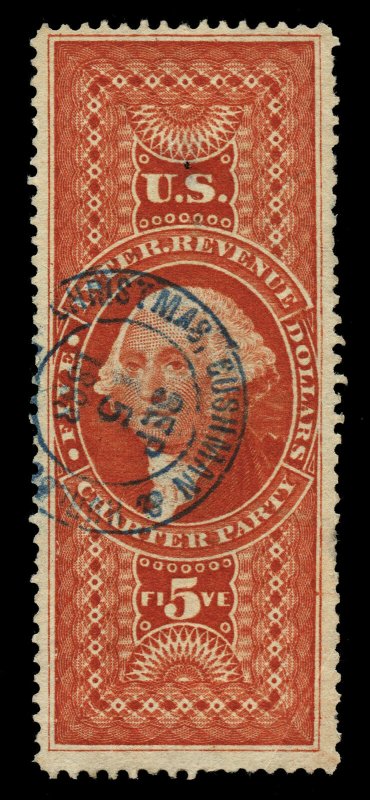 B306 U.S. Revenue Scott R88c $5 Charter Party blue 1868 handstamp cancel XF app