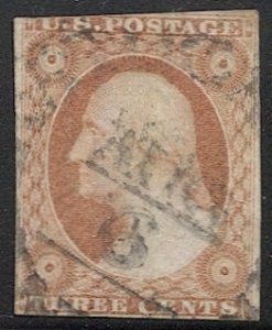 US 1851 3c orange brown Sc 10A Type II Used VG, light cancel, cv $160