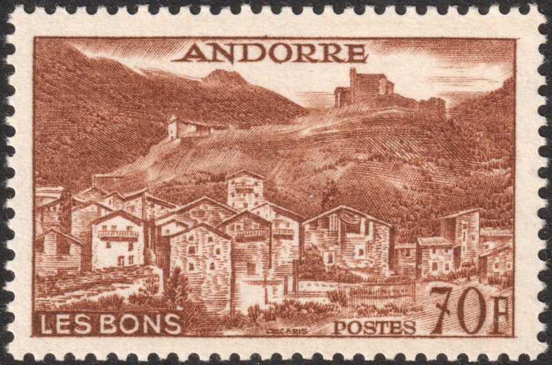 Andorra (French) #141  MOG - 70fr chestnut Village of Les Bons (1957)