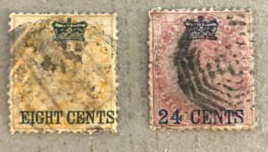 Straits Settlements 6, 8 - 1867 8c & 24c India Surcharge, Used