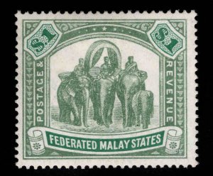 MALAYA Scott 34  Mint Hinged, MH* $1 1907 Elephants and Howdah stamp with wmk 3