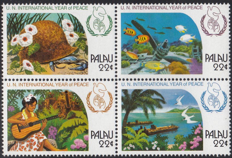 Palau 1986 MNH Sc 112a Block of 4 22c UN International Peace Year